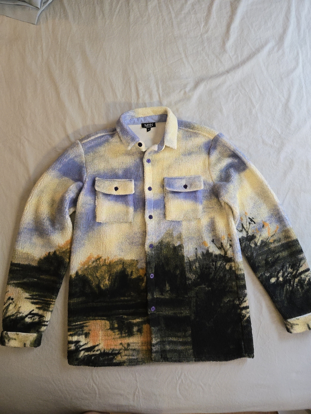 Boohoo Men's Multi-Color Landscape Print Fuzzy Textured Shacket HAL3